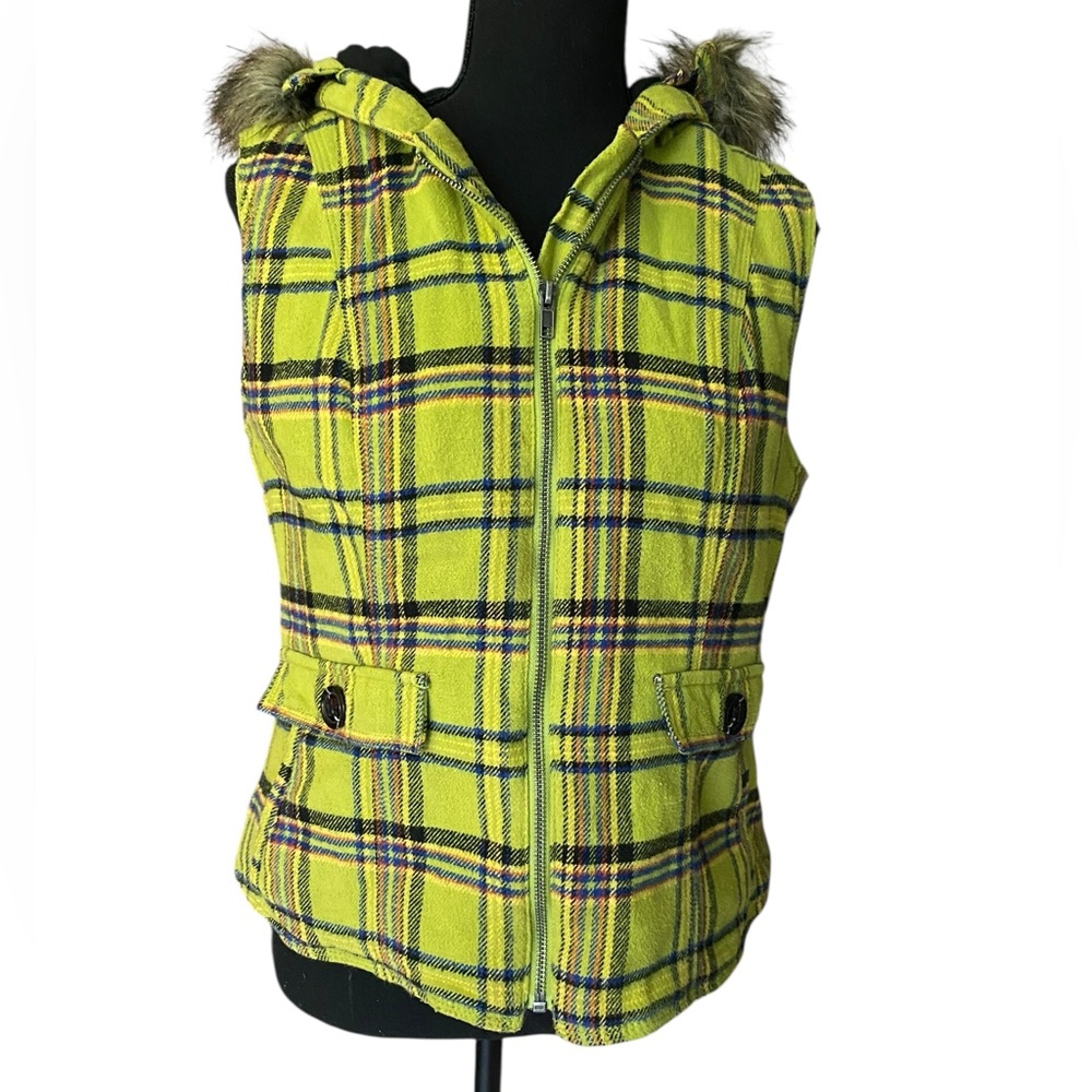 Kitschy Cute Neon Mossimo Supply Co. Chartreuse Plaid Hooded Vest Women’s Size L